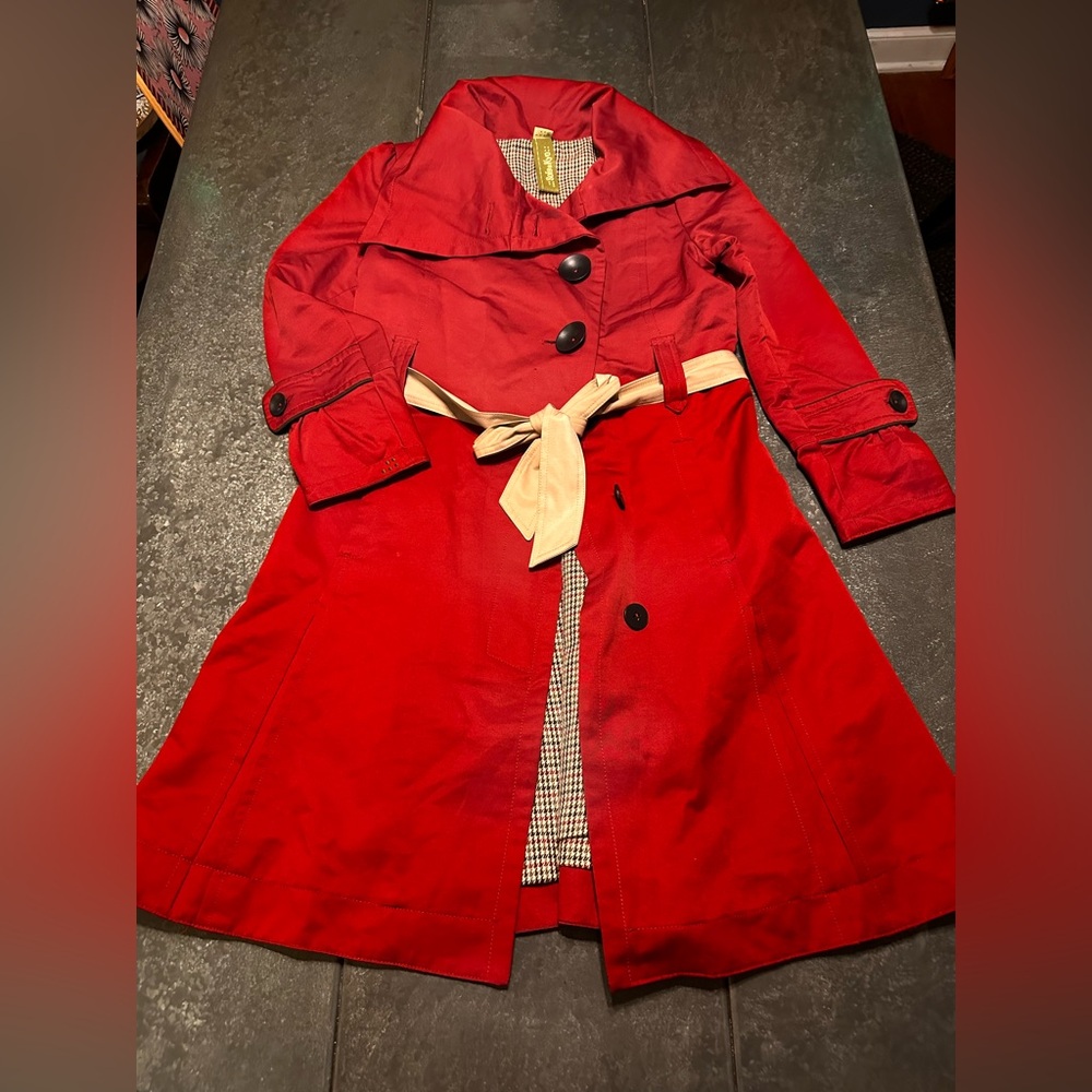 Soia & Kyo Cotton Polyester Blend Trench Sz L Brick Red Button Flare Raincoat